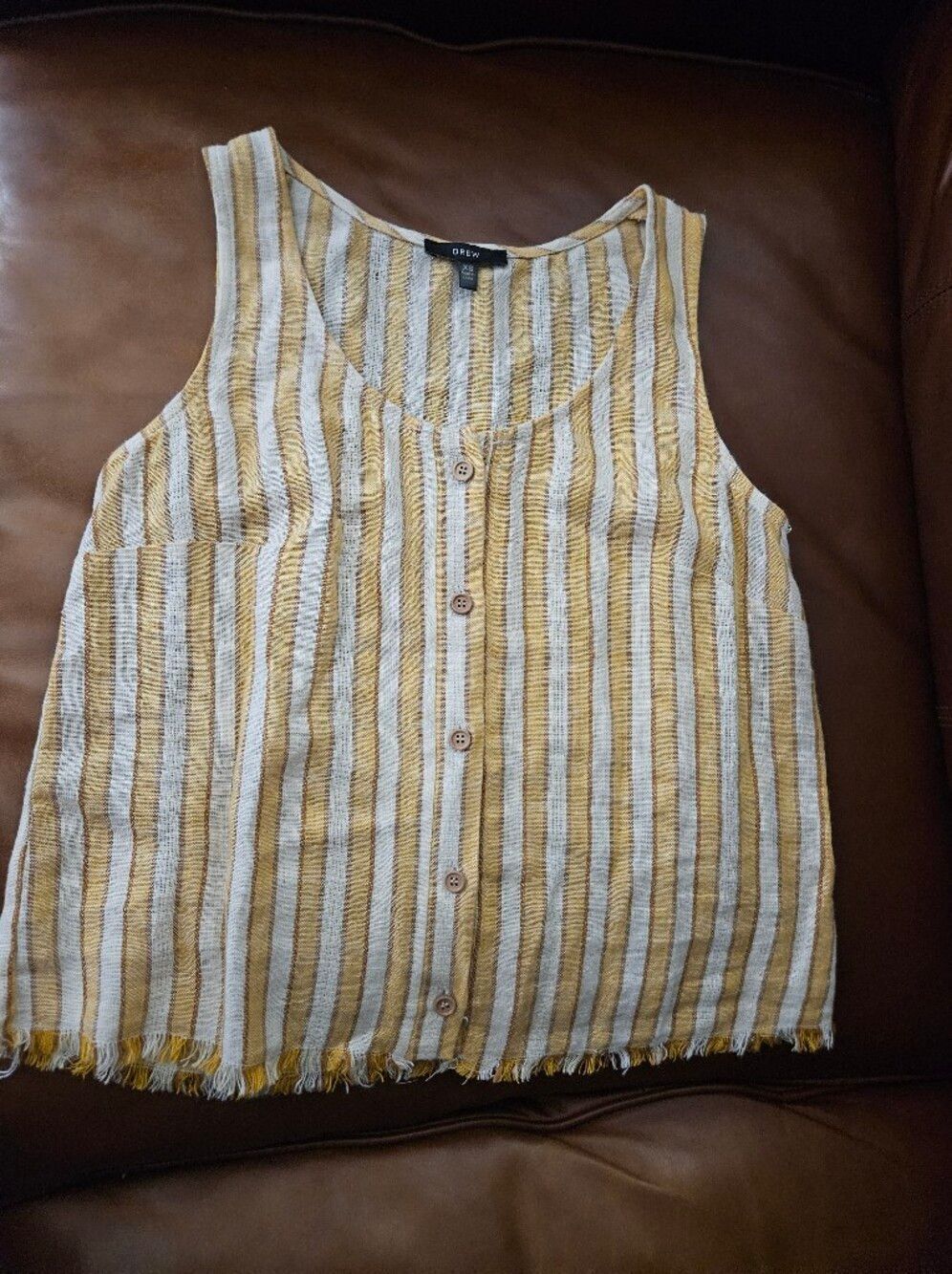 DREW Linen Yellow and Cream Striped Button-Front Tank Xs